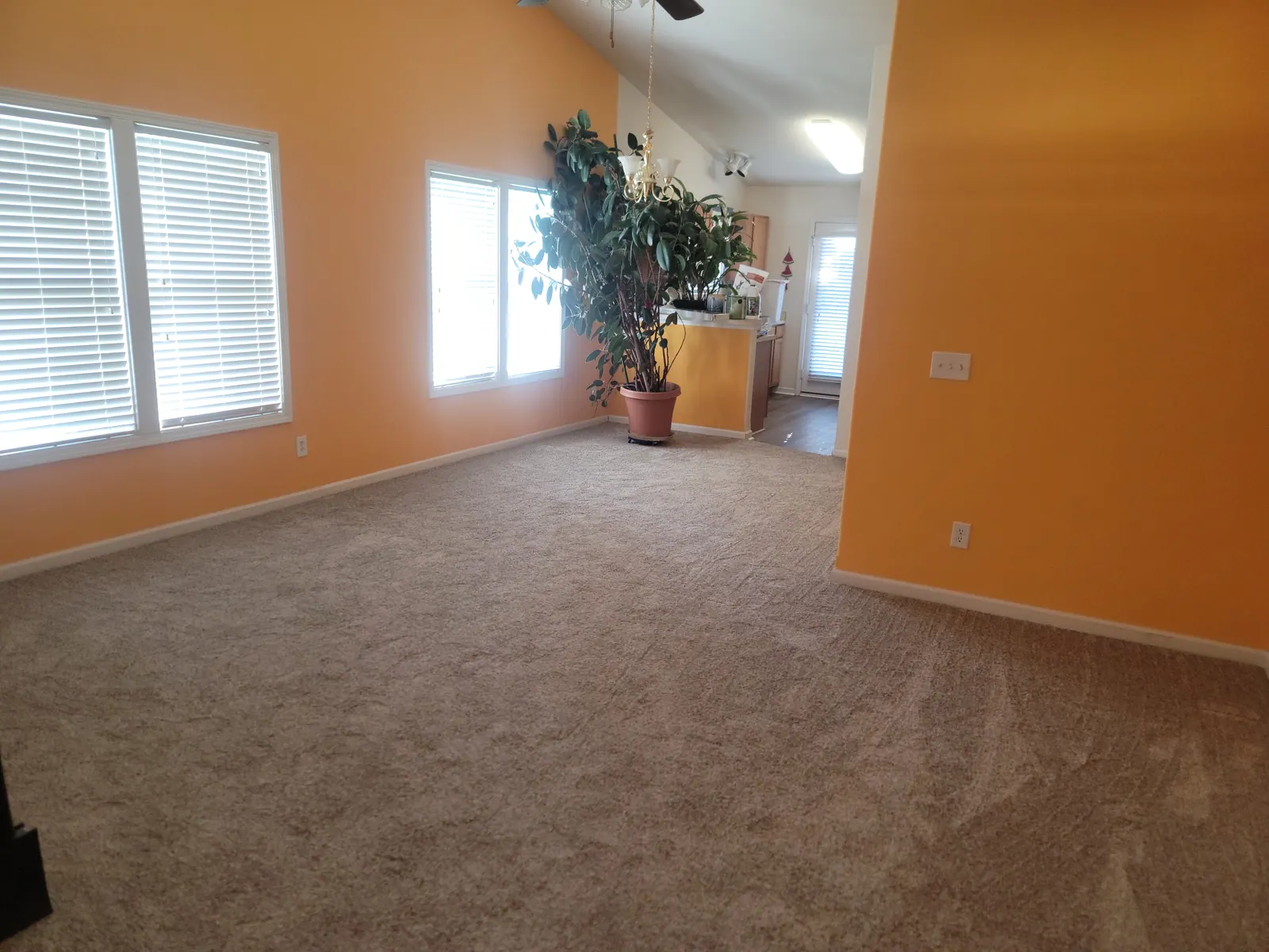 Living room with worn carpet before replacement