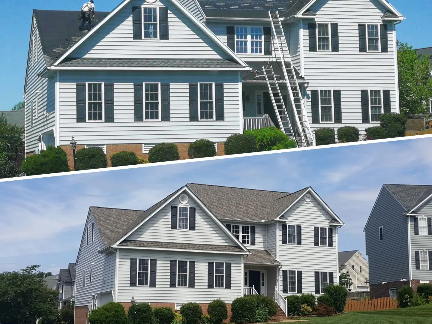Before and after of a full roof replacement on a two-story home